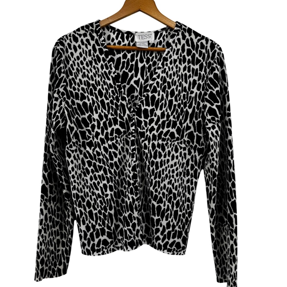 Tess Womens Large Cardigan Black White Animal Print Pleated Long Sleeve Blouse